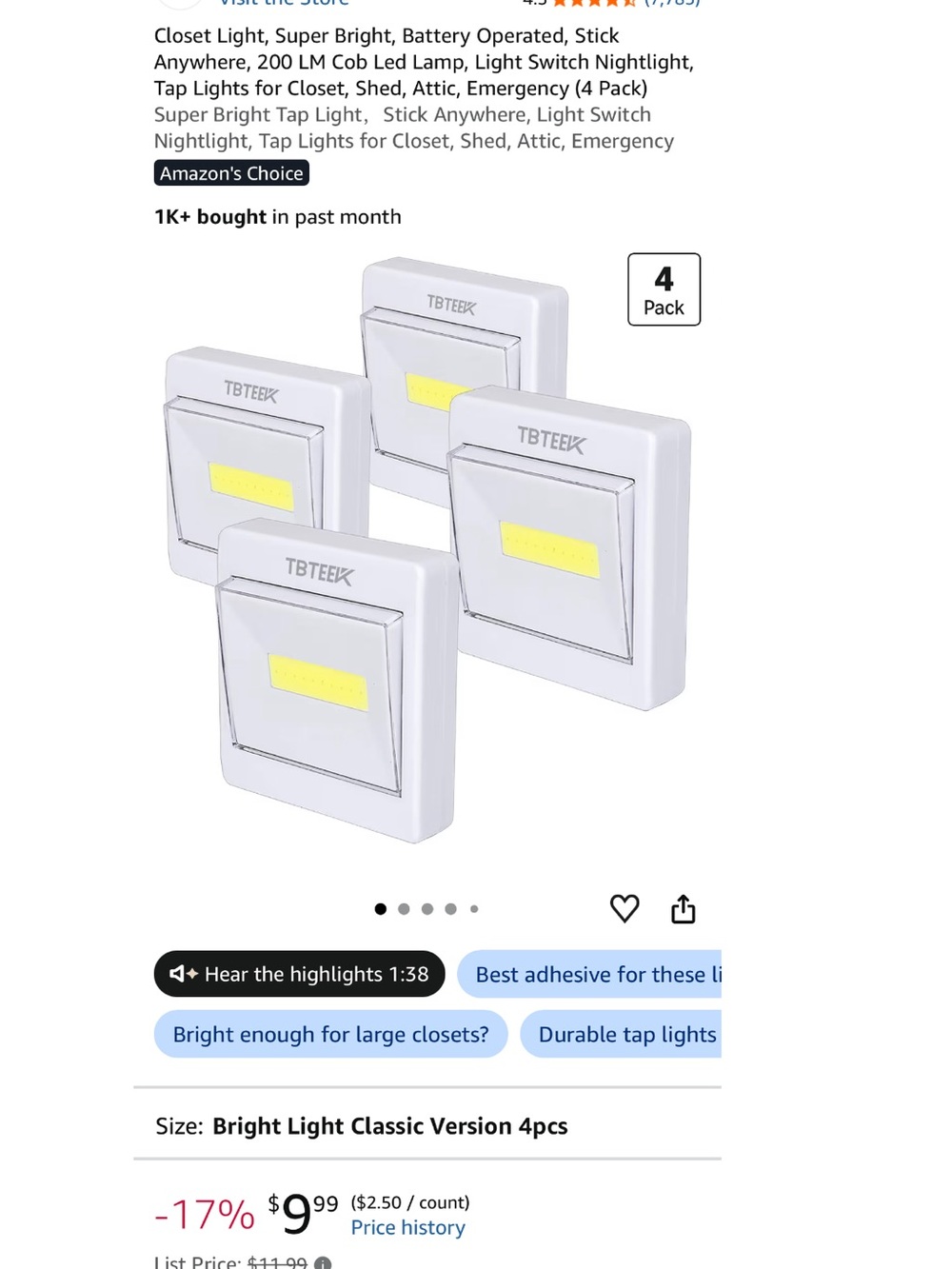 TBTEEK LED Tap Lights - White with Yellow Light (4-Pack)